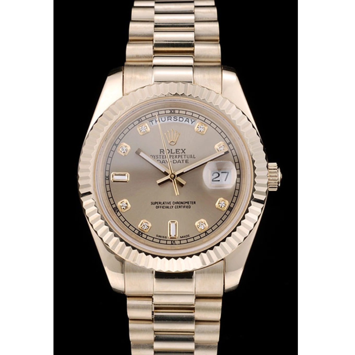 Aaa replica watch 41997 Rolex Gold Ribbed DayDate Swiss Dial Steel Bezel Stainless Gold 0726